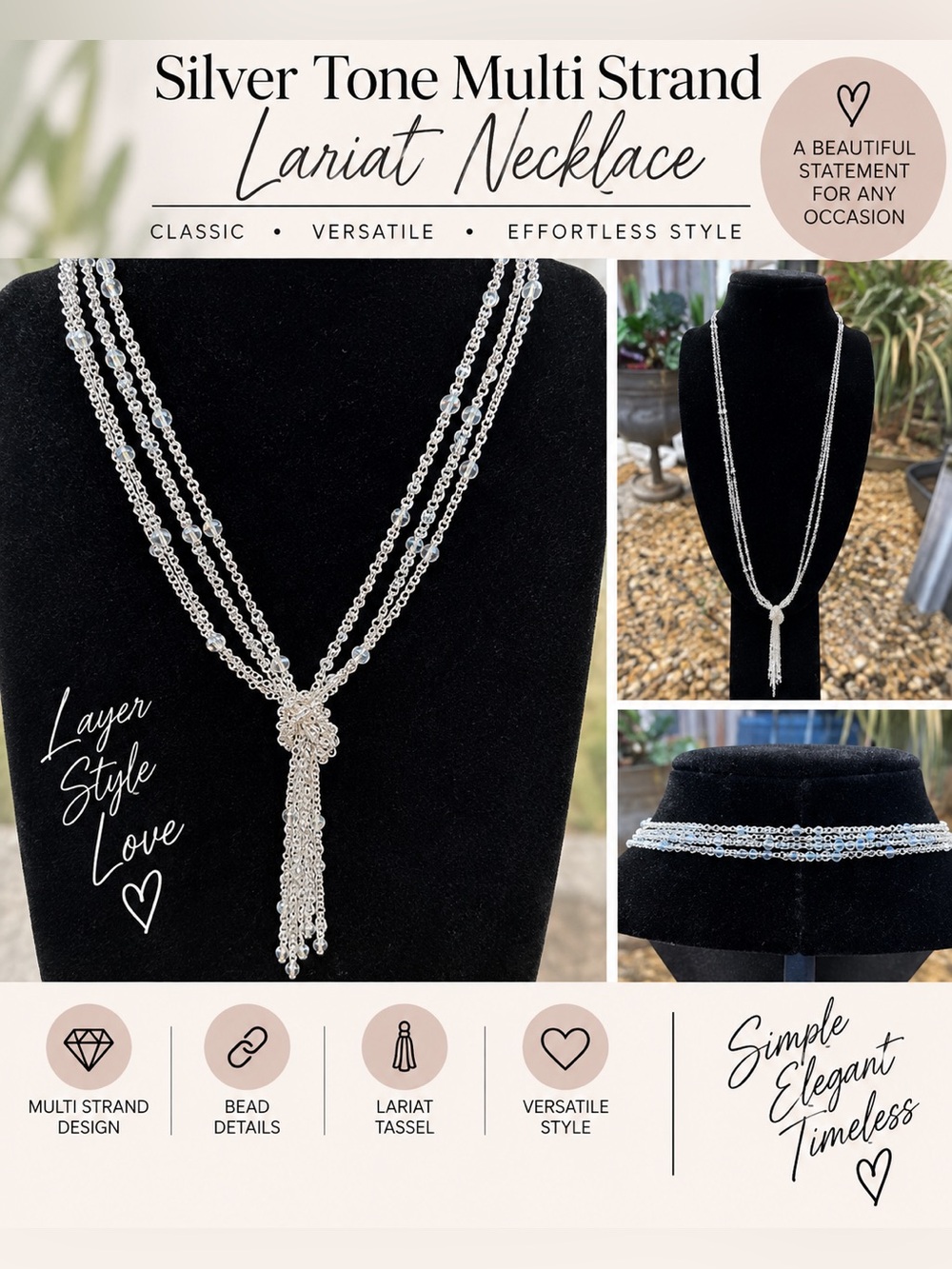 Silver Tone Multi Strand Lariat Necklace 43” With Bead Details + Tassel